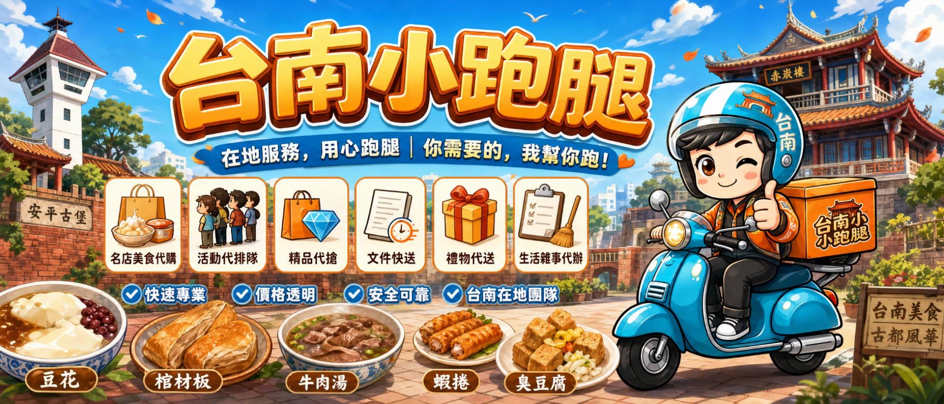 台南小跑腿官方網站-提供台南永康、北區、東區、中西區、安平-
專業跑腿服務~包含代買東西、代送物品、文件、快遞、代買代排人氣美食、代搶超限量限購精品、代購限量限定公仔玩具有事就找小跑腿,歡迎+官方line立即詢問